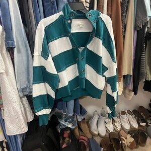 Pilcro Teal and White Striped Top